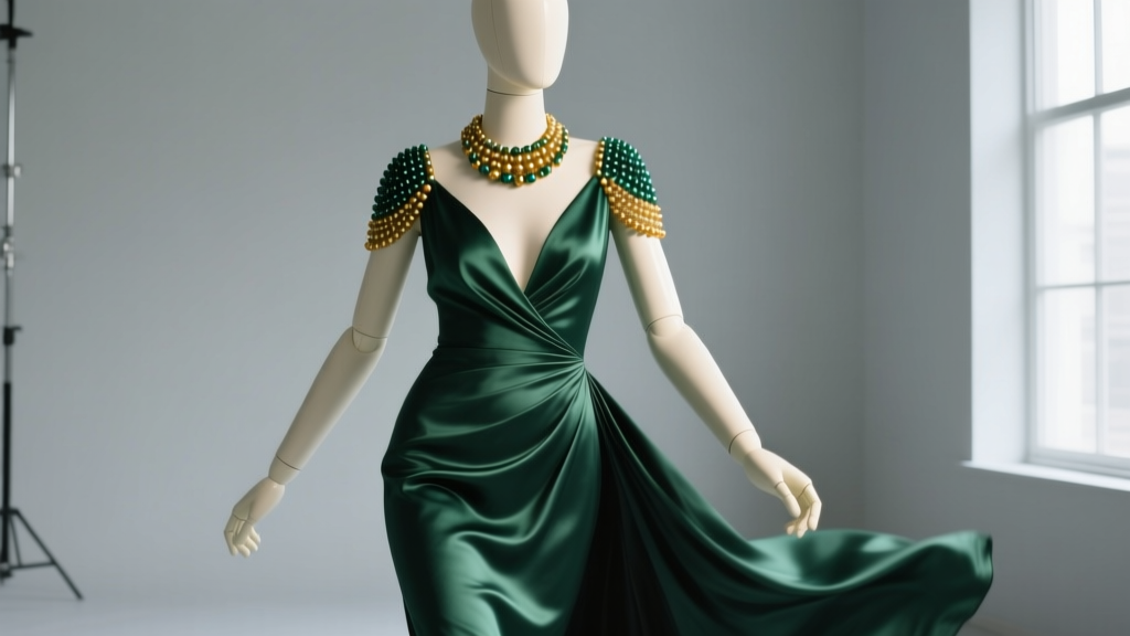 Mannequin wearing a heavy beaded shoulder necklace with a deep V-neck silk gown, highlighting drape mechanics and weight balance