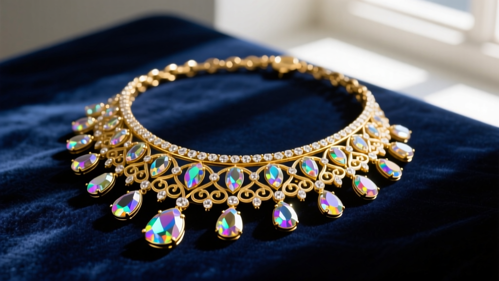1960s vintage Grosse gold-plated bib necklace with aurora borealis rhinestones and intricate filigree resting on dark navy velvet.