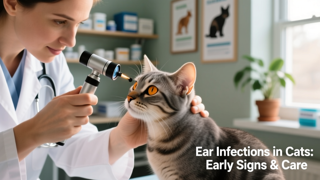 Close-up of a veterinarian gently examining a cat's ear with an otoscope