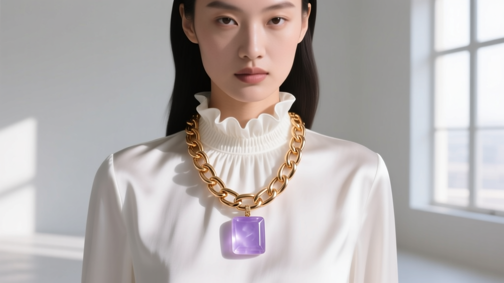 Model wearing a 20-inch 18k rose gold box chain with a translucent lavender square jade pendant layered over a white silk blouse.