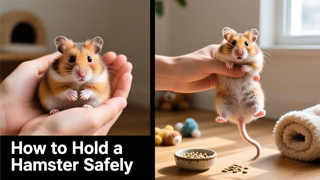 Side-by-side comparison: correct hand position (cupped palms supporting hamster’s body) vs. incorrect (one hand lifting under chest only, hind legs dangling)