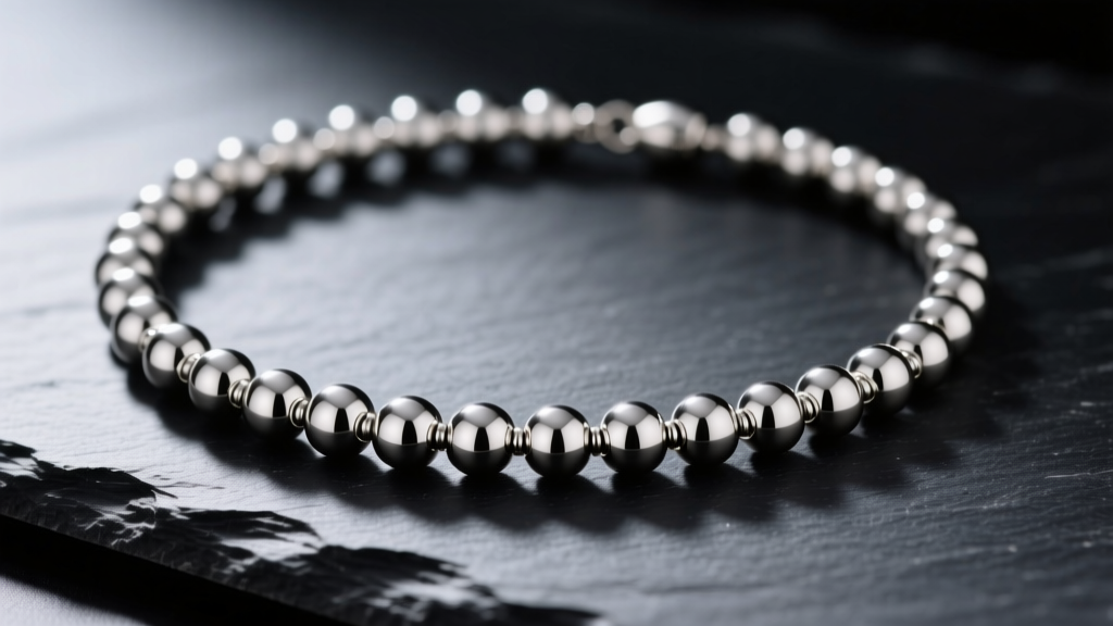 Macro photo of a polished steel ball necklace chain on dark slate, showing the small metal connector joints between round beads