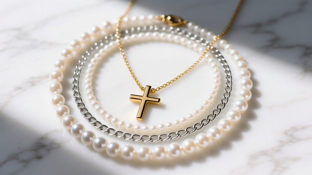 Overhead flat lay of a layered necklace stack with a gold cross, freshwater pearls, and a silver rolo chain on white marble