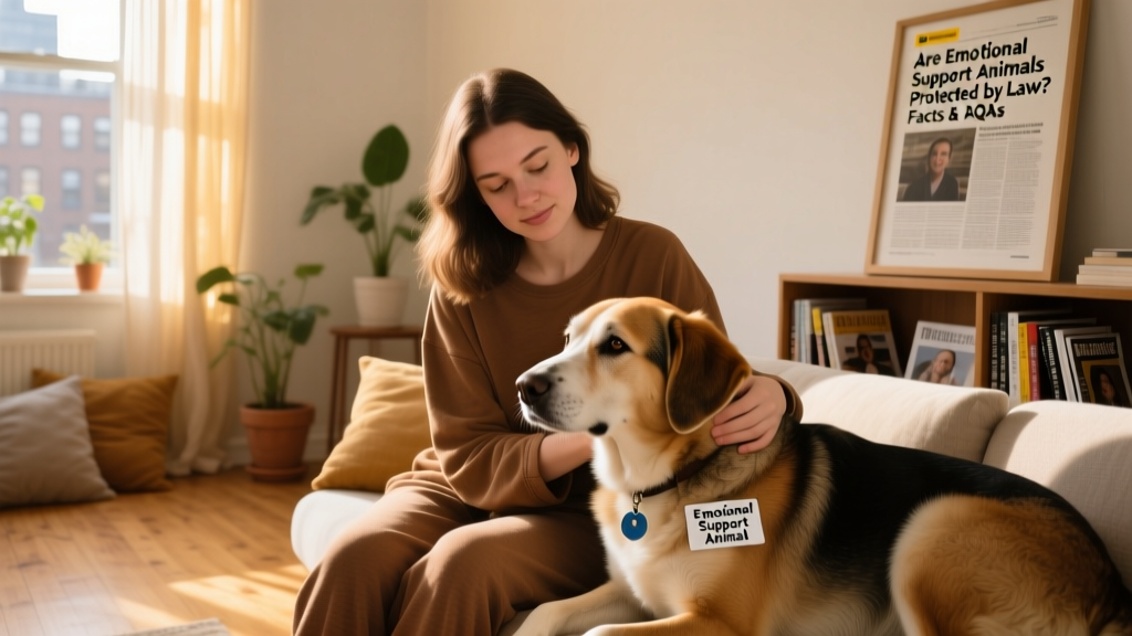 girl caresses emotional support dog