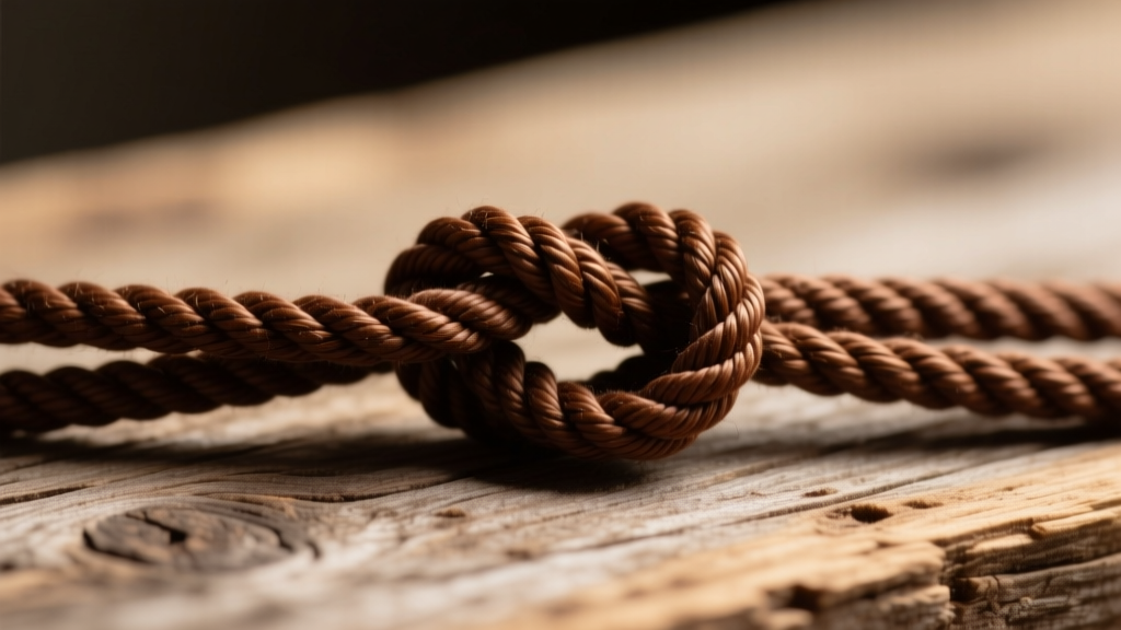 Macro shot of a brown waxed cotton cord with a tight sliding slipknot on rustic wood under warm, soft directional lighting.