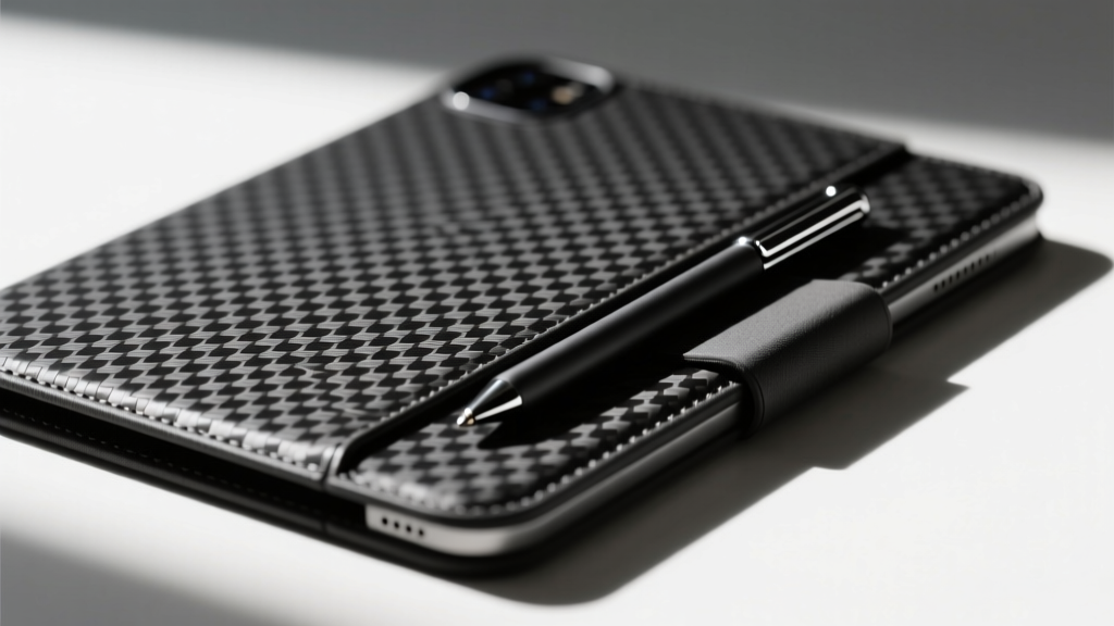 Close-up of a carbon-fiber textured tablet folio case with a slim magnetic stylus tucked seamlessly into the ultra-thin spine.