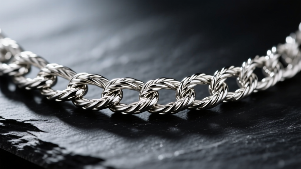 Macro shot of a 6mm platinum rope chain showing the intricate twisted links and high polish finish against a dark slate background