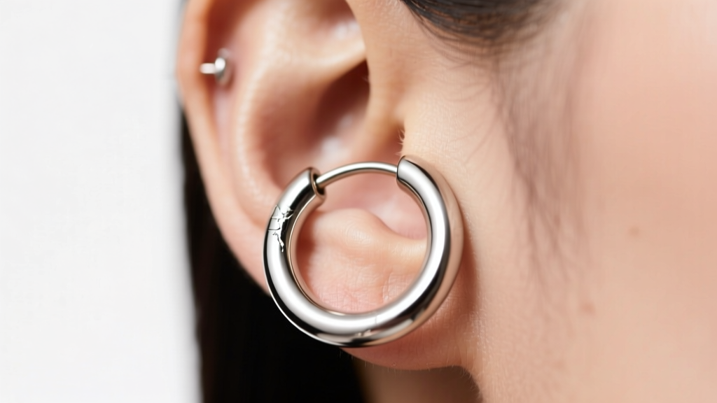 Detailed view of a 16-gauge titanium mirror-finish huggie hoop earring securely clicked into a healed forward helix piercing