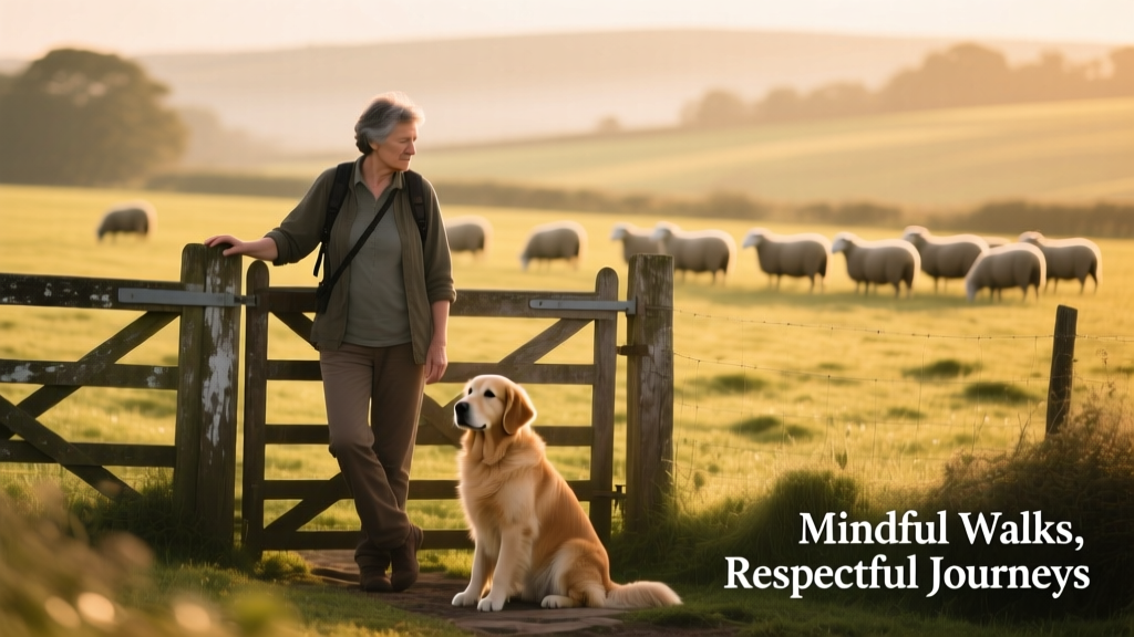 A dog walker pausing respectfully at a farm gate, dog seated calmly beside them, with grazing sheep visible in the distance