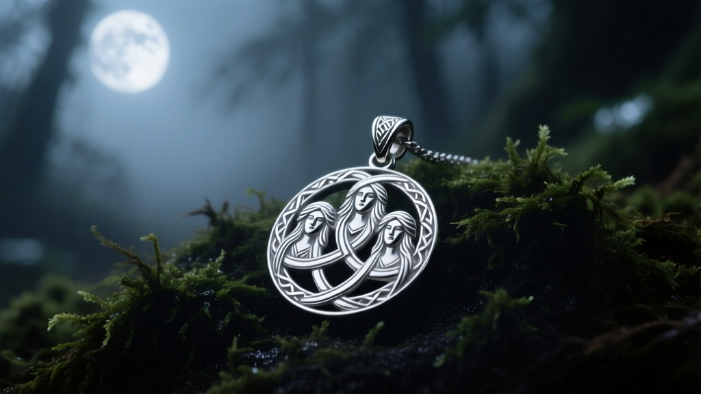 Sterling silver triple goddess pendant on dark moss, illuminated by soft moonlight, highlighting intricate Celtic knot engravings.
