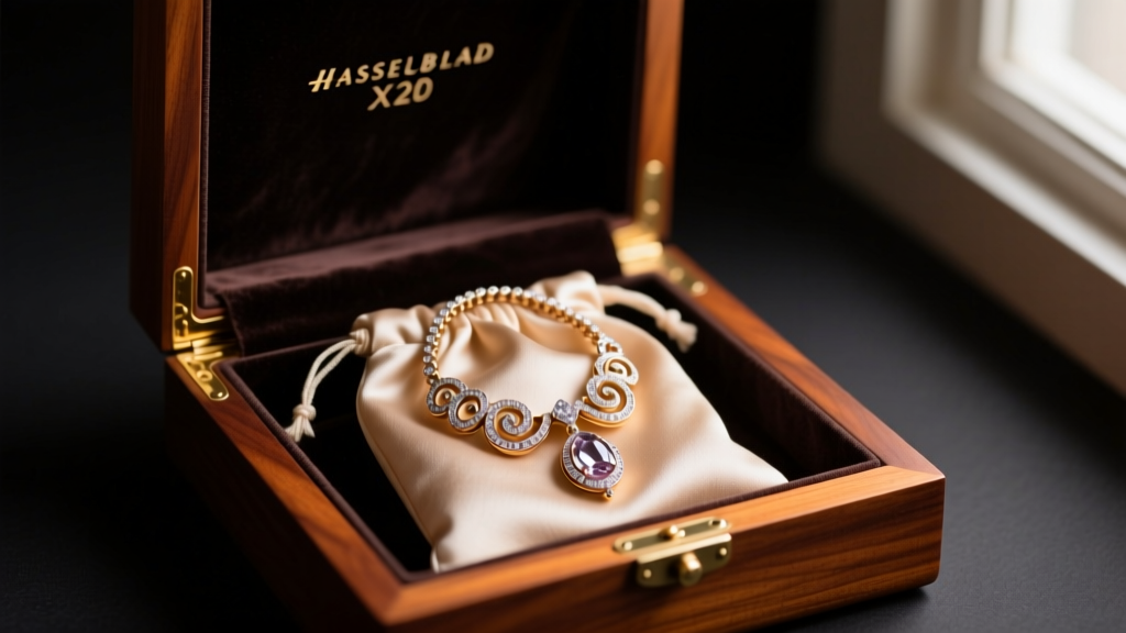 Princess belle necklace neatly coiled and secured inside an anti-tarnish bag, placed within a dark lined mahogany jewelry box.