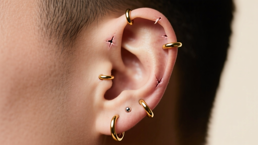 Side profile of an ear featuring three healed cartilage piercings with 16-gauge gold clicker hoops under soft studio lighting