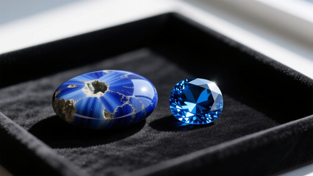Macro view of raw lapis lazuli cabochon and polished Swiss blue topaz gemstone resting side by side on a dark velvet jeweler tray