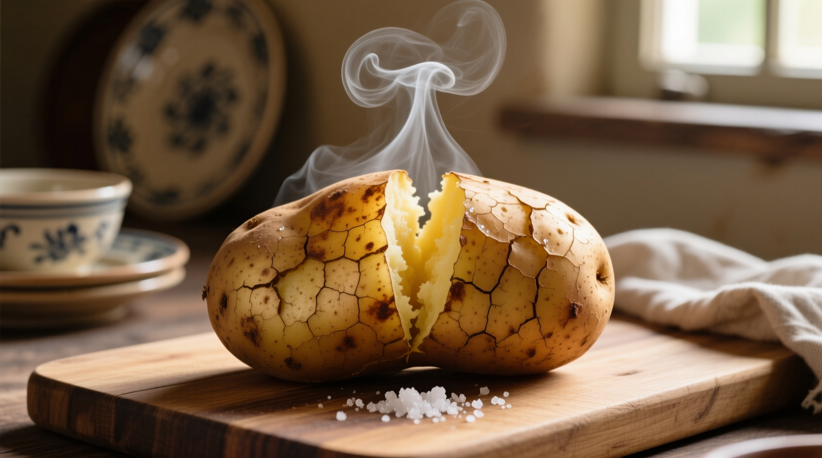 Perfectly baked potatoes with steam rising