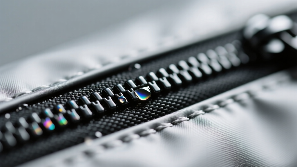 Macro shot of YKK AquaGuard water-repellent zippers on an Alpaka X-Pac tech case showing the polyurethane coating sealing the zipper teeth