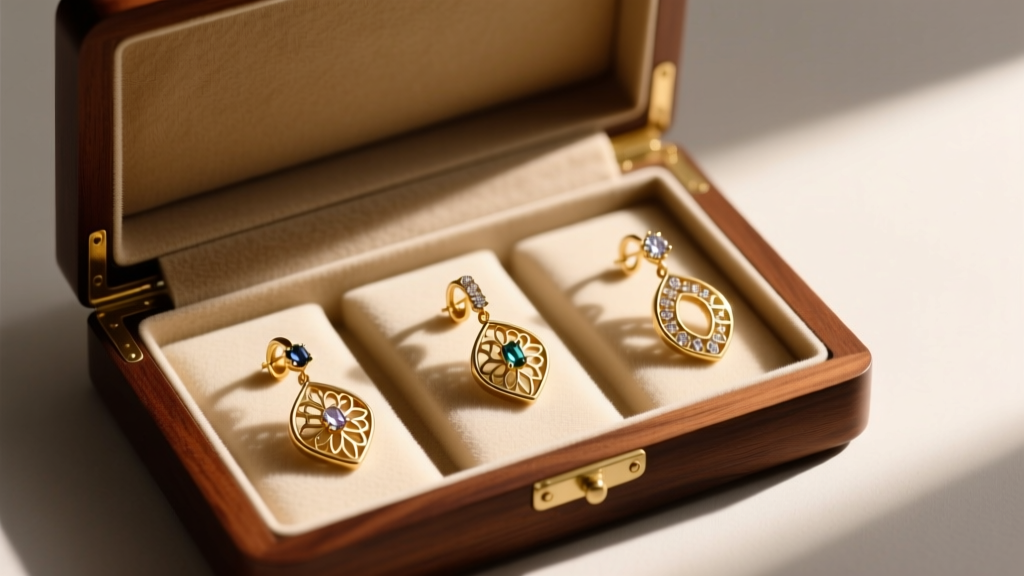 Velvet-lined wooden jewelry box displaying three separate over ear earrings resting on individual foam inserts to prevent warping.