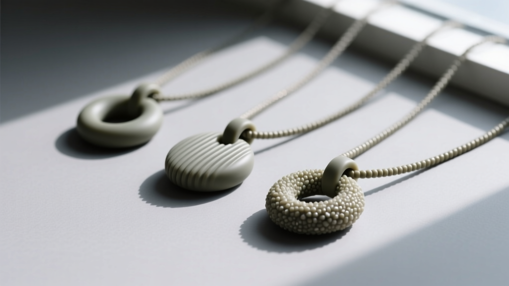 Close-up of three chew necklace pendants with varying textures and matte silicone finishes, arranged on a neutral grey backdrop.
