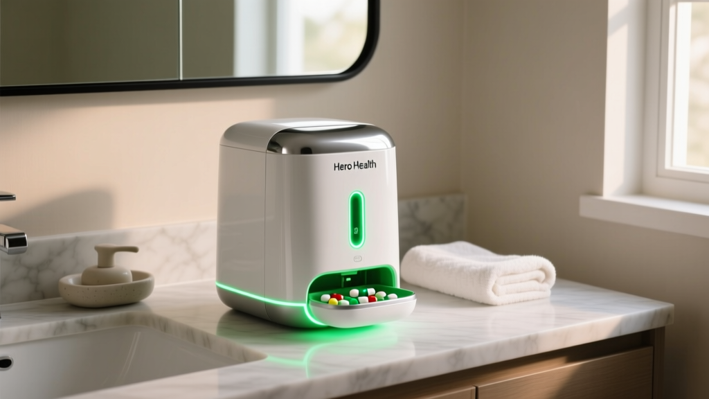 Hero Health smart medication dispenser on a bathroom vanity, glowing green to indicate a successful automated pill dispensing cycle