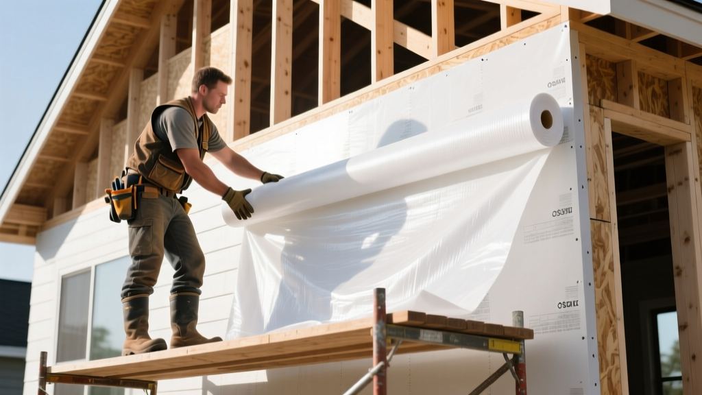 Construction worker unrolling a roll of white breathable house wrap over OSB sheathing on a residential wood-framed exterior wall