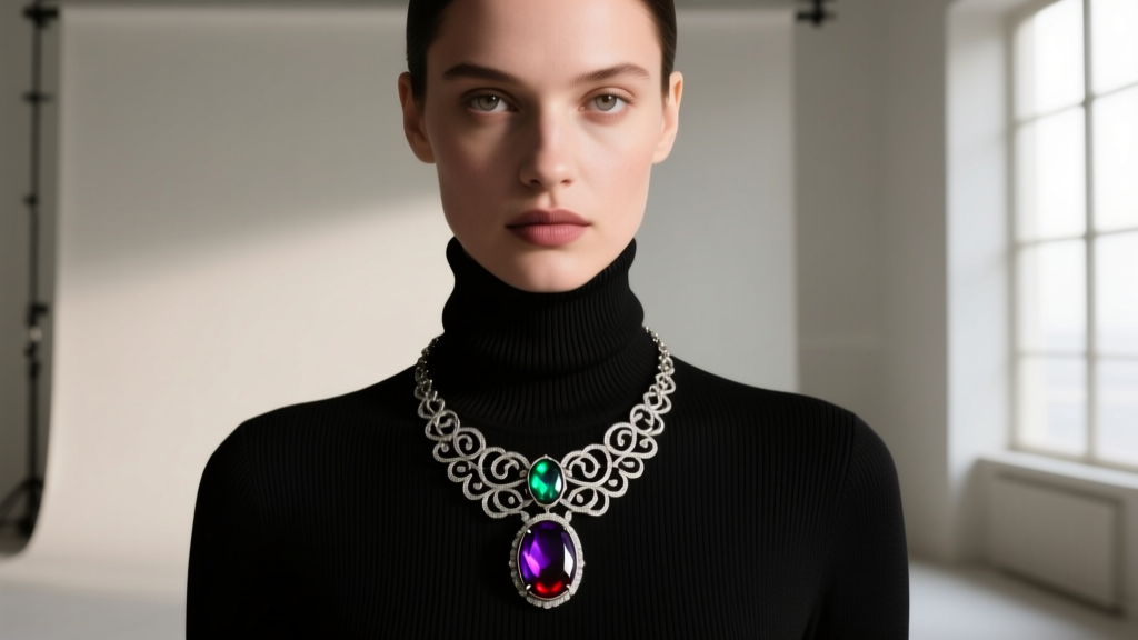Model in a black turtleneck, showing the ornate cursed opal necklace layered over a ribbed neckline in soft shadow lighting.
