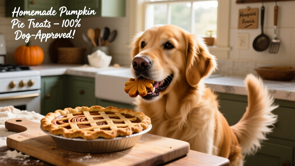 A happy golden retriever gently holding a pumpkin pie treat in its mouth, tail wagging