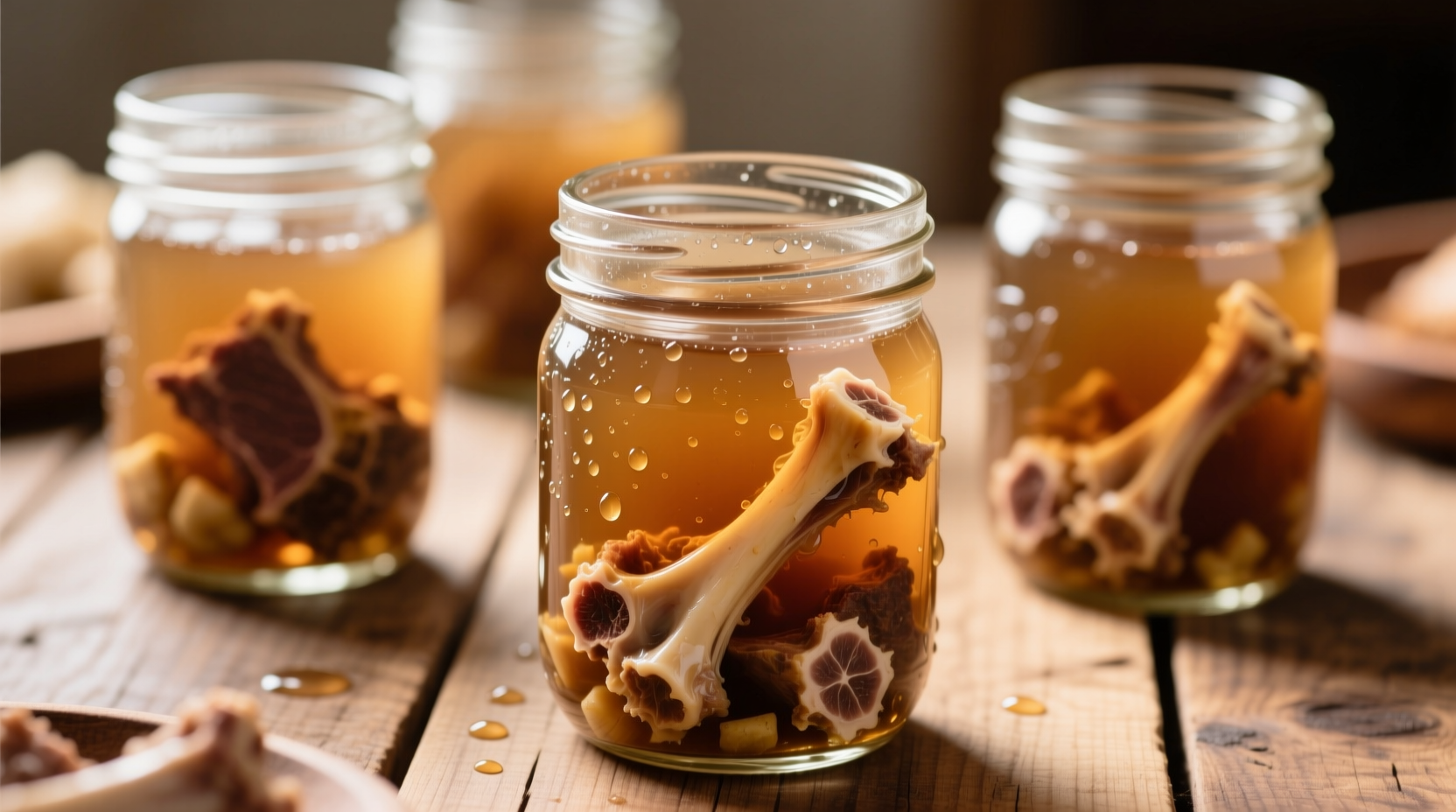 Homemade bone broth in mason jars showing gelatinous texture
