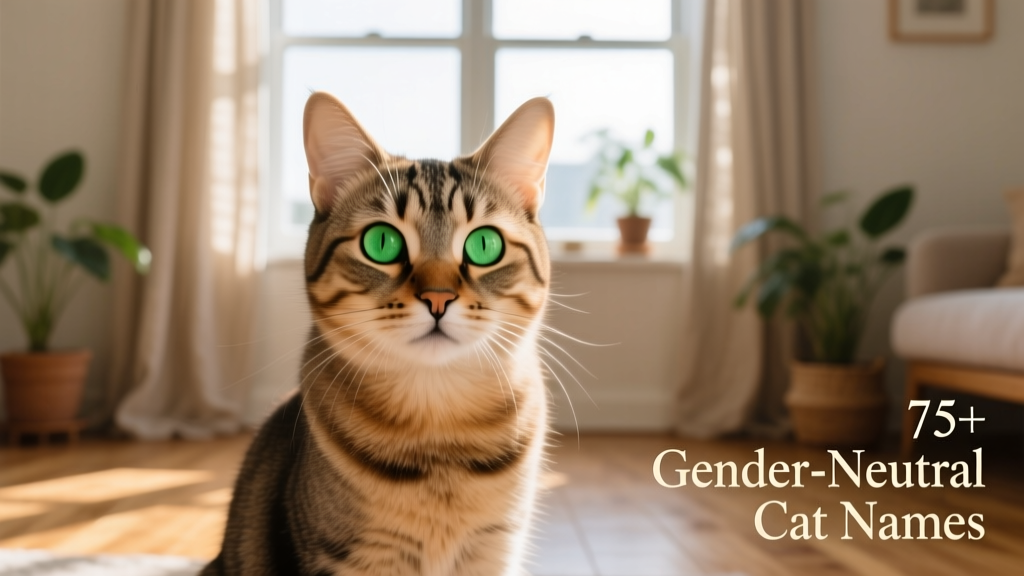 A curious, medium-coated cat with striking green eyes gazing thoughtfully at the camera