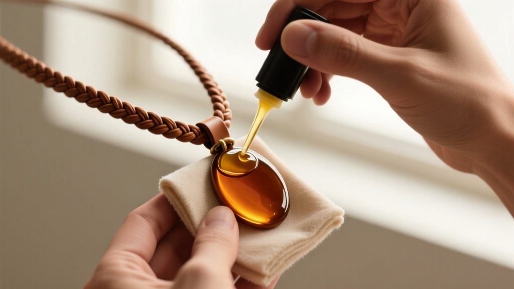 Hands applying amber neatsfoot oil with a microfiber cloth to a dry, stiff 5mm natural tan braided leather pendant necklace.