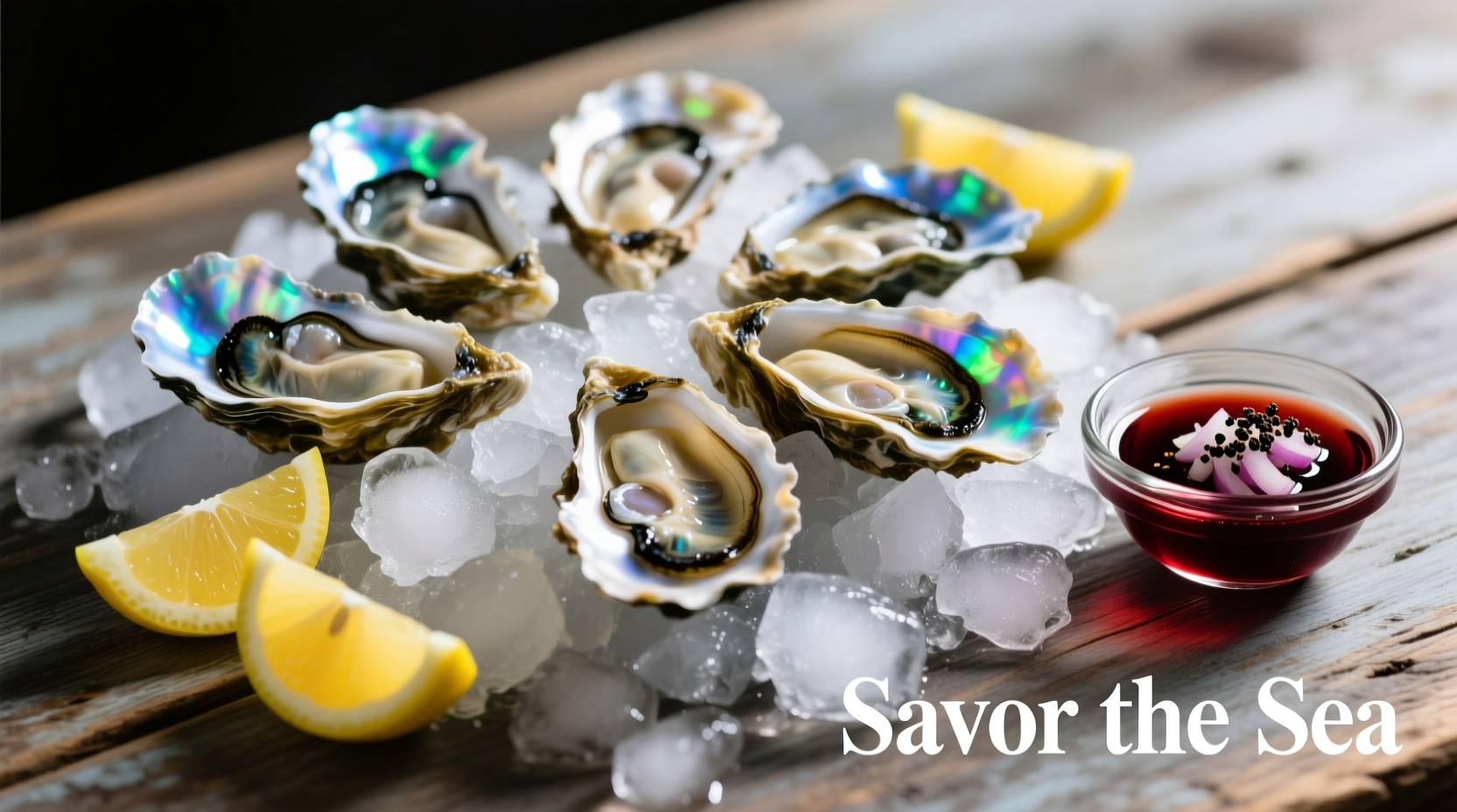 Fresh oysters on ice with lemon wedges and mignonette