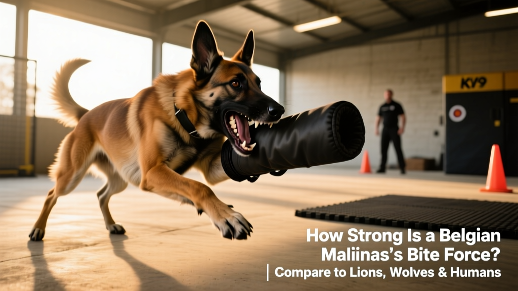 A Belgian Malinois in action during a controlled bite-work training session, wearing a padded sleeve
