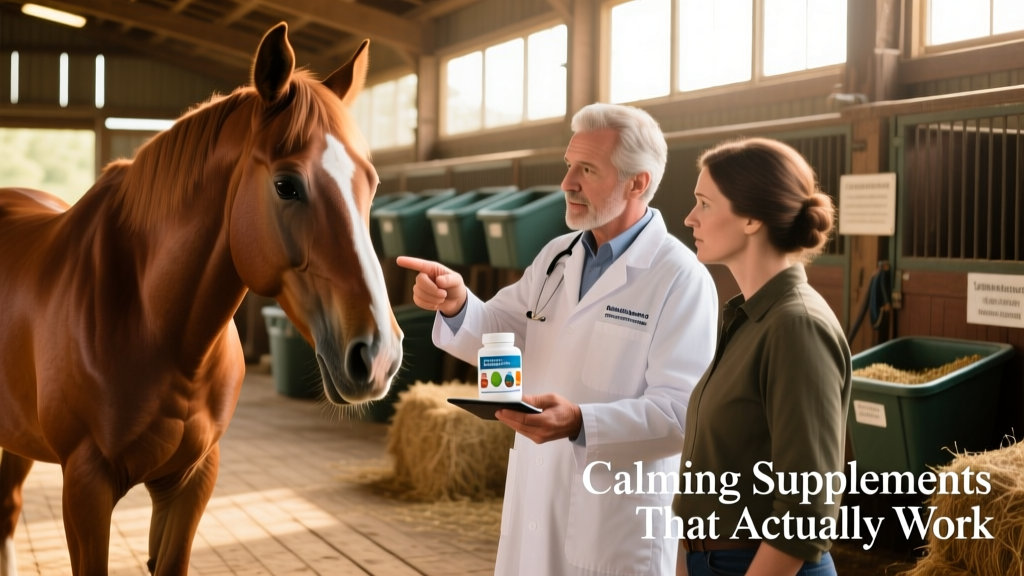 Veterinarian consulting with owner while reviewing supplement options for a horse