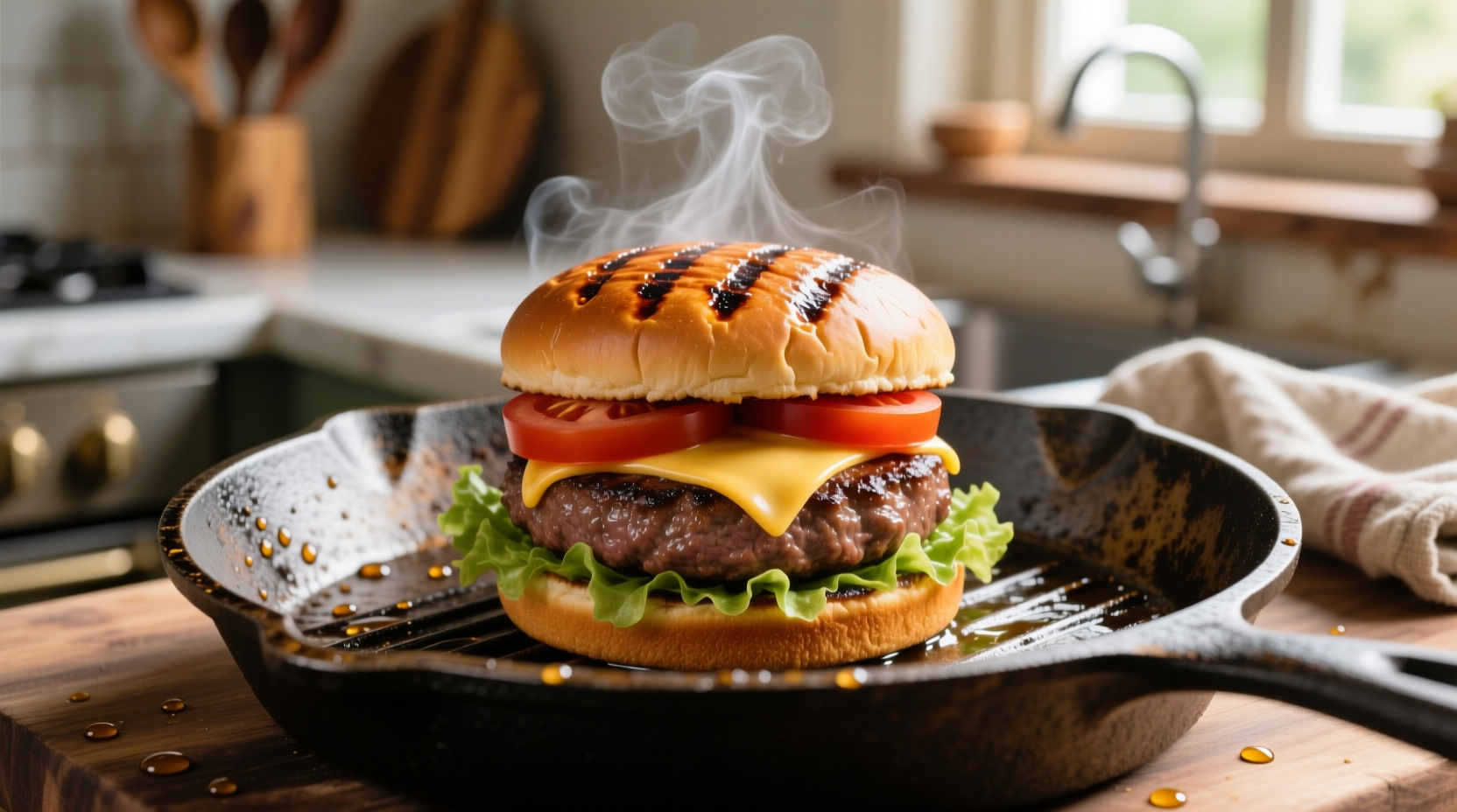 Perfectly seared burger on cast iron skillet