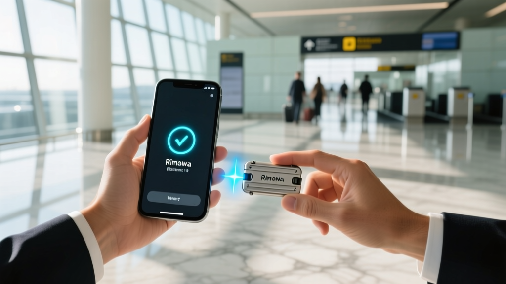 Close-up of hands pairing a smartphone with a Rimowa Electronic Tag via NFC at a brightly lit airport terminal departure gate
