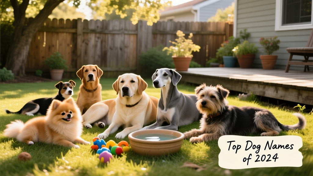 A diverse group of adopted dogs—small, medium, and large—relaxing together in a sunlit backyard with toys and water bowls nearby