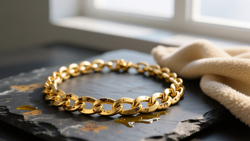 Dull 14k yellow gold chain necklace on dark slate showing oxidation and oil buildup next to a soft microfiber polishing cloth.