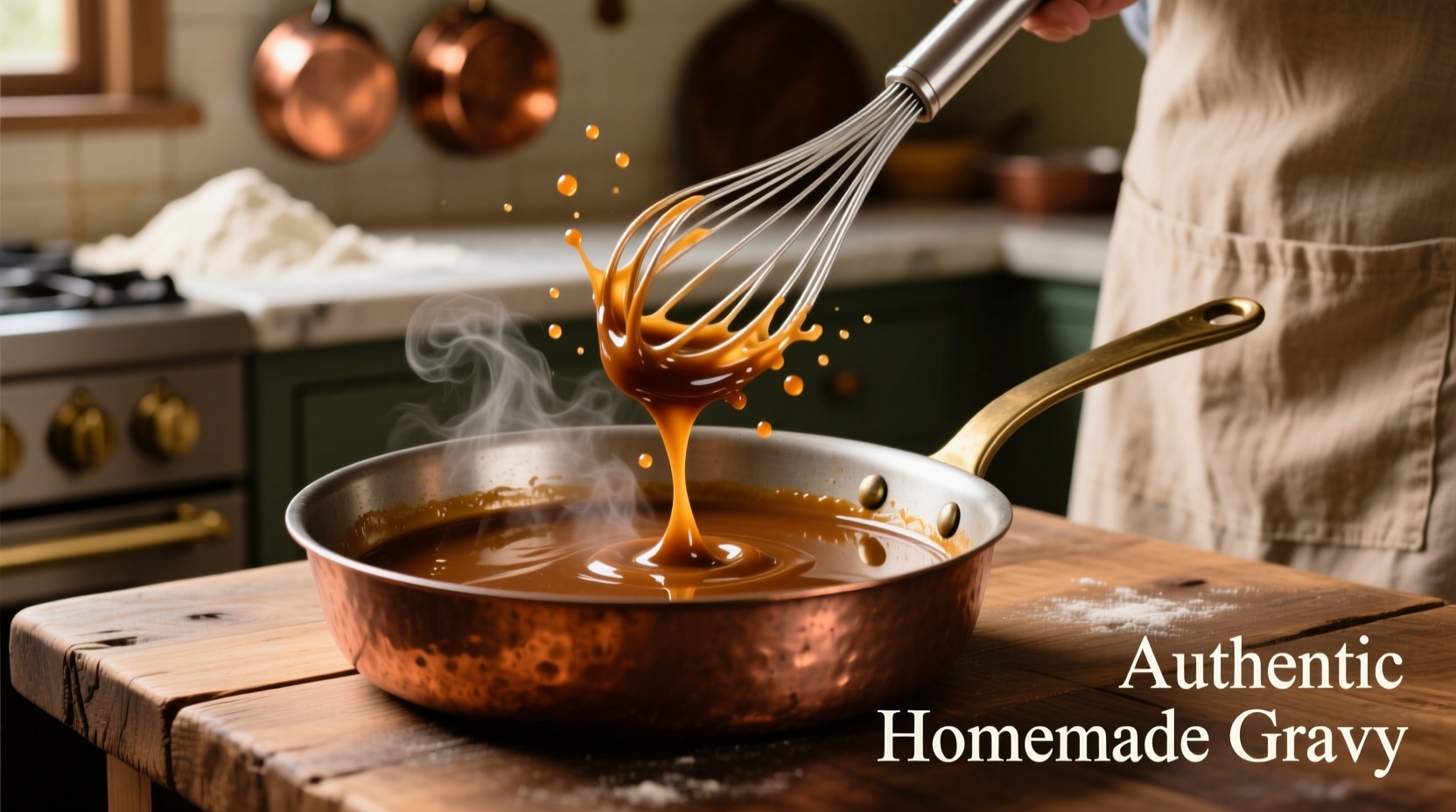 Homemade brown gravy in copper pan with whisk