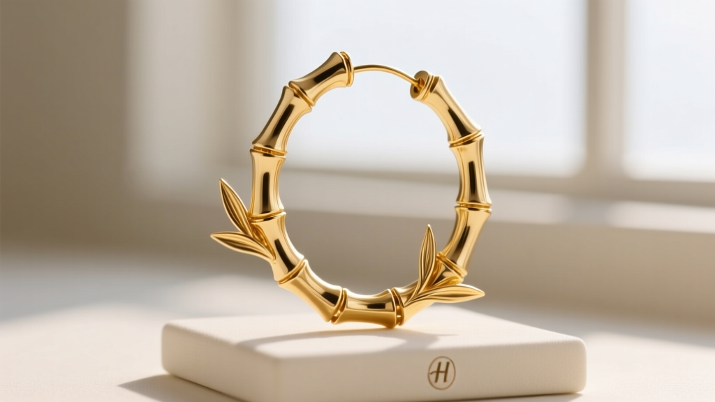 Digital jeweler scale displaying heavy 18k gold Caribbean bamboo hoop earrings, with a hallmark stamp visible in blurred background