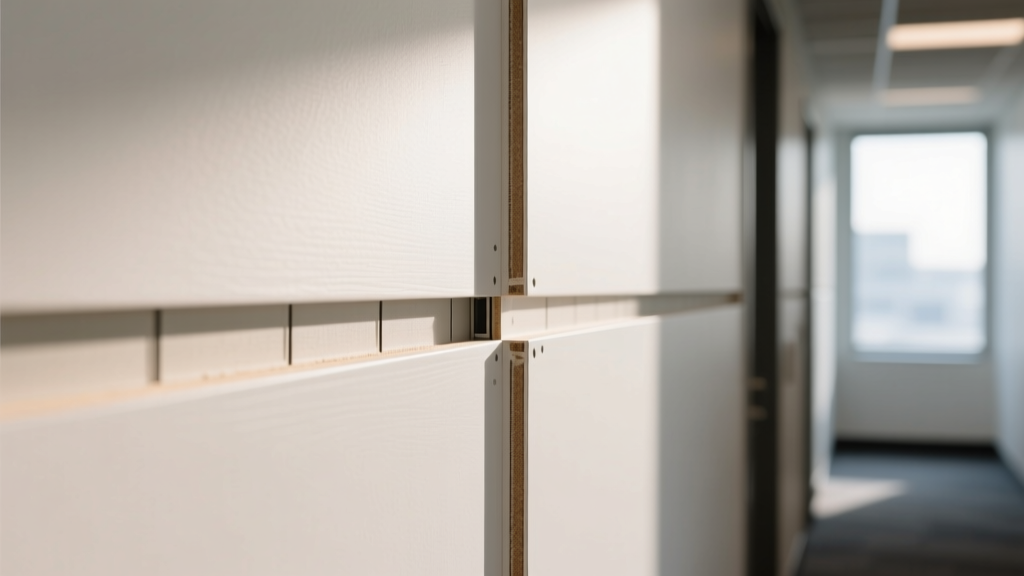 Close-up of a routed vinyl drywall control joint intersecting a shadowline reveal on a commercial white painted corridor wall