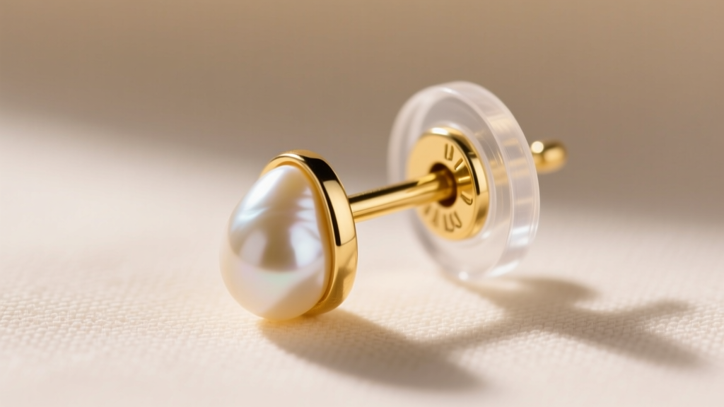Macro shot of an 18-gauge gold post holding a teardrop pearl, showing the secure friction back and clear silicone earring support