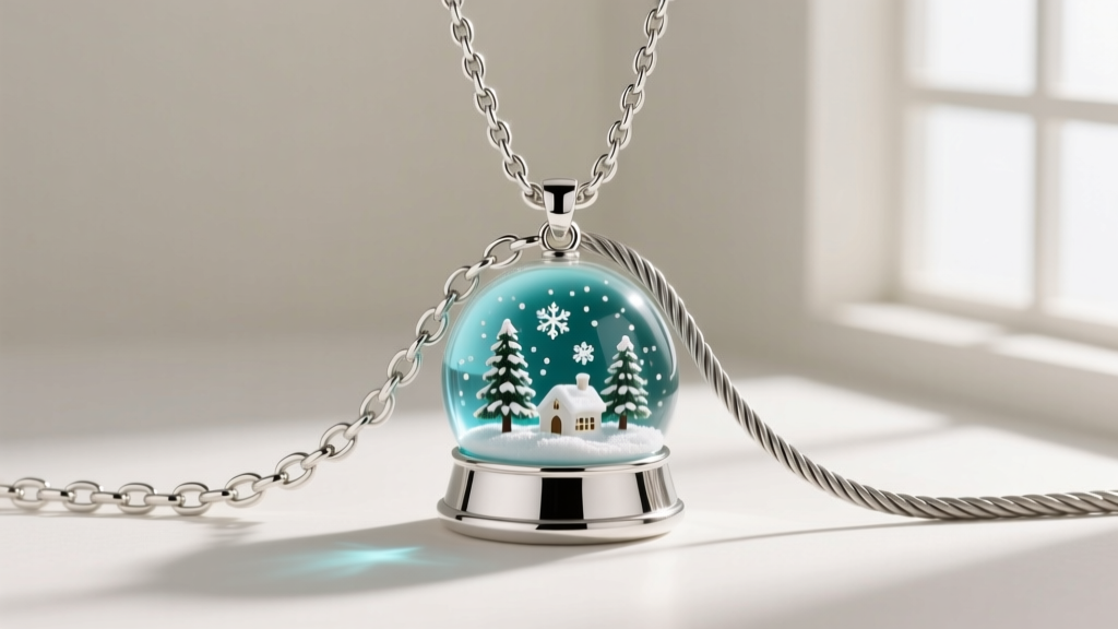 Comparison of an 18-gauge sterling silver rolo chain and a 22-gauge cable chain supporting a heavy glass dome snow globe pendant