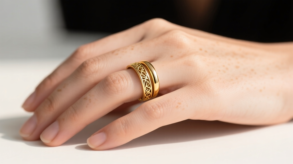 Close-up of a 14k gold double finger ring spanning the index and middle fingers on a woman