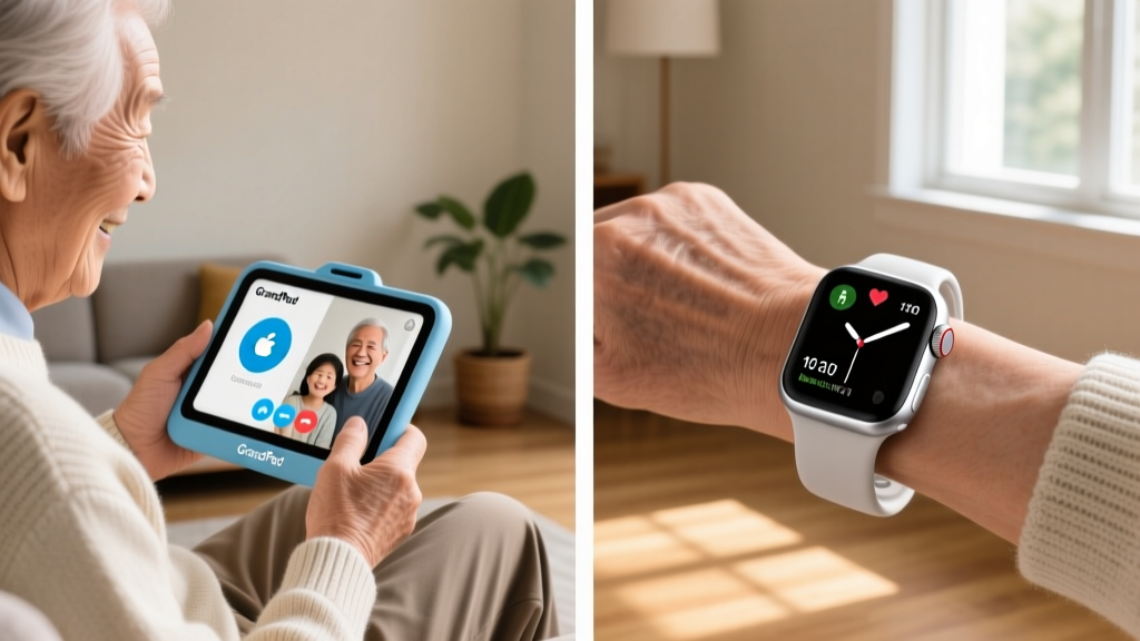 Split screen showing a senior using a simplified GrandPad tablet on the left and an Apple Watch Series 10 on the right wrist