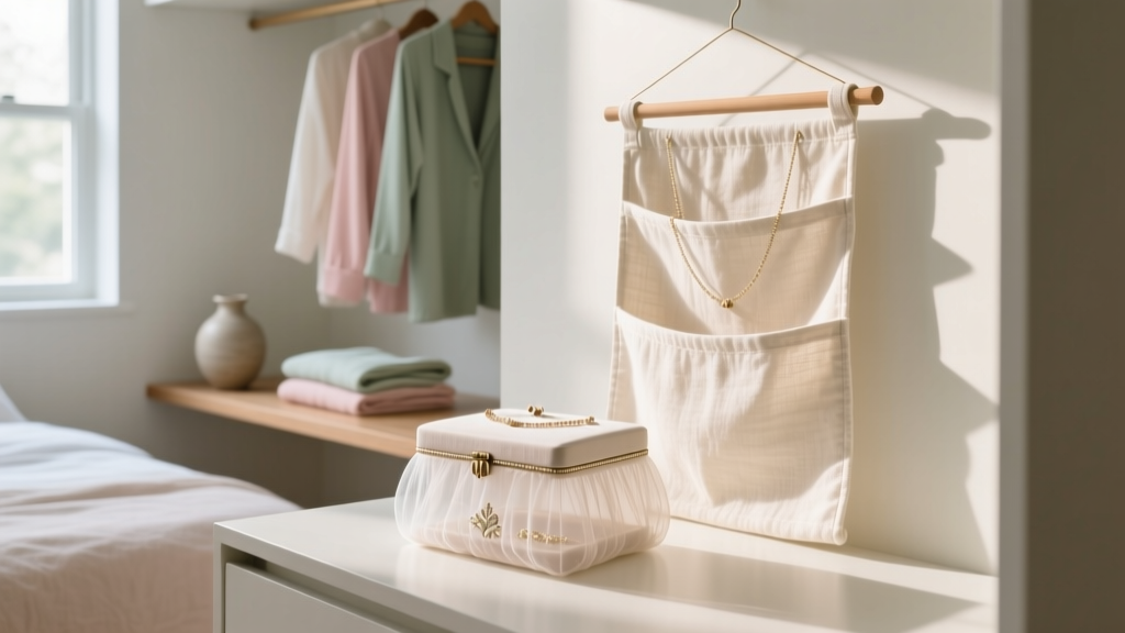 Flimsy fabric hanging jewelry box beside a premium linen hanging organizer inside a bright modern bedroom closet space