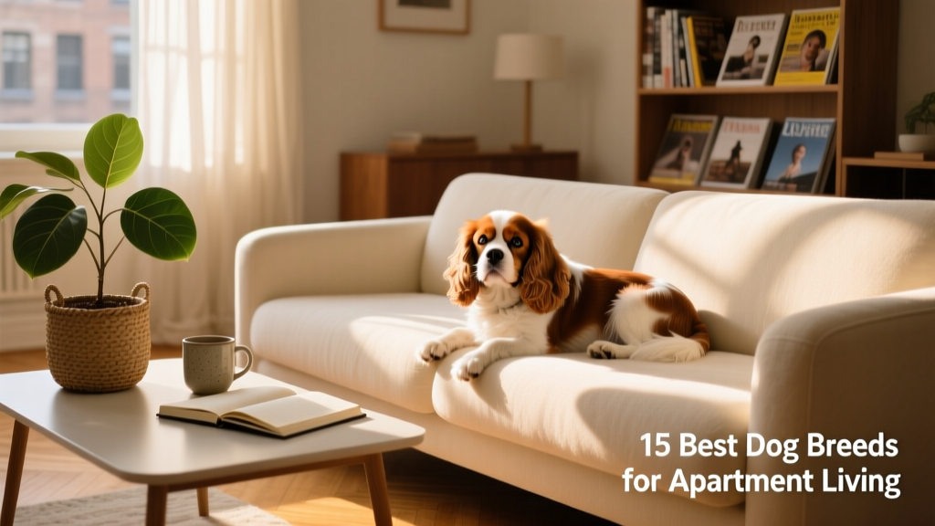 A calm, small dog resting peacefully on a cozy apartment sofa next to a coffee table and potted plant