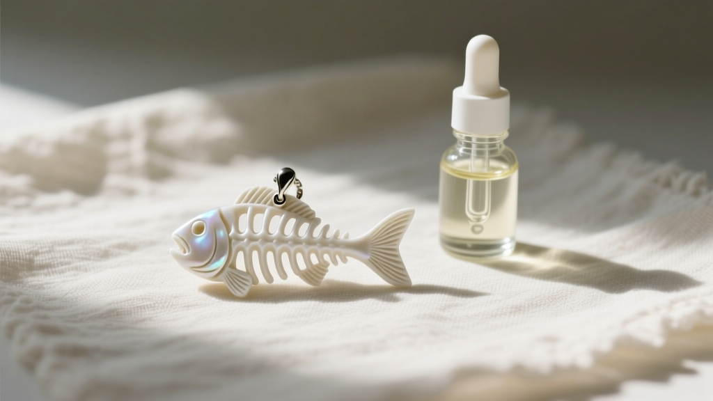 Carved white fish bone pendant on linen cloth next to a small glass dropper bottle of clear jojoba conditioning oil.