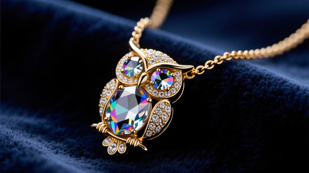 Vintage Betsey Johnson crystal owl pendant on dark velvet, highlighting faceted glass eyes and intricate gold-tone chain links.