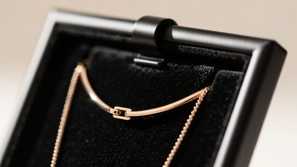 Macro shot of acid-free microsuede lining on a matte black metal T-bar necklace stand holder, showing smooth anti-tarnish fabric.