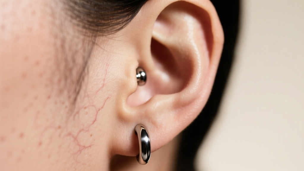Close-up of a stretched earlobe wearing a polished titanium single-flare plug, soft studio lighting, showing healthy skin texture.