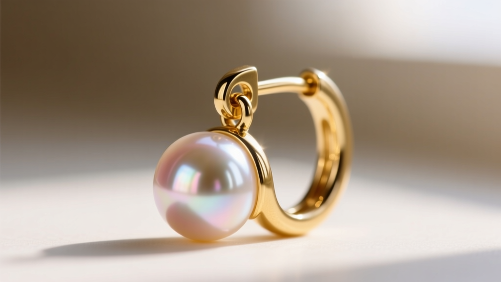 Macro shot of an 18-gauge gold hoop earring clasp securing a round 8mm Akoya pearl with high luster and sharp reflections