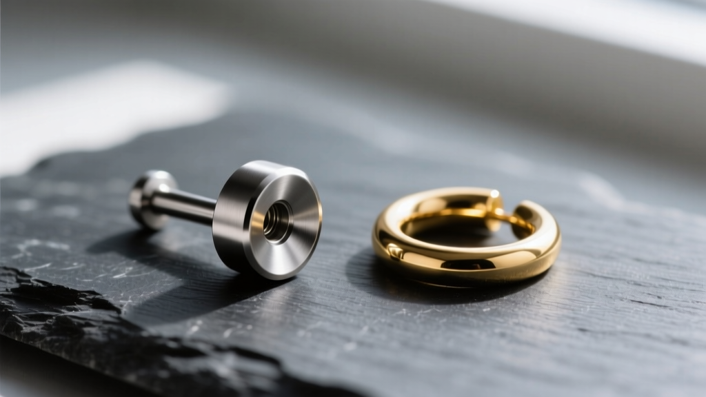 Macro shot of an implant-grade titanium flat-back labret beside a 14k gold huggie hoop resting on a dark textured slate surface.